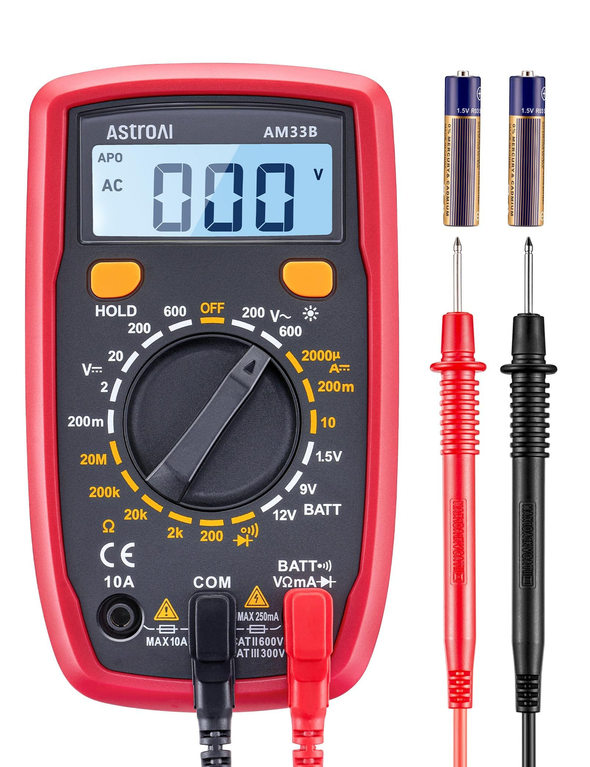 AstroAI Digital Multimeter front view with a clear LCD display for quick voltage checks.
