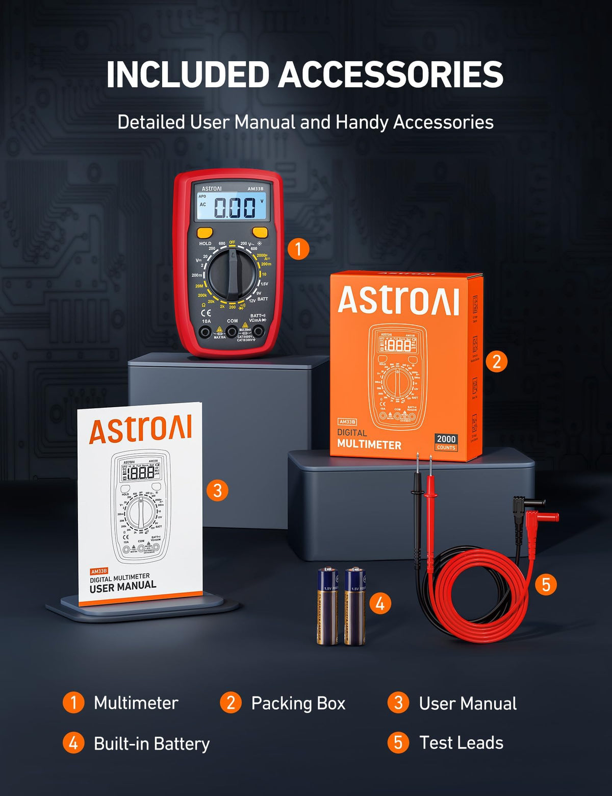 AstroAI Digital Multimeter included accessories showcase batteries and test leads for ready use.