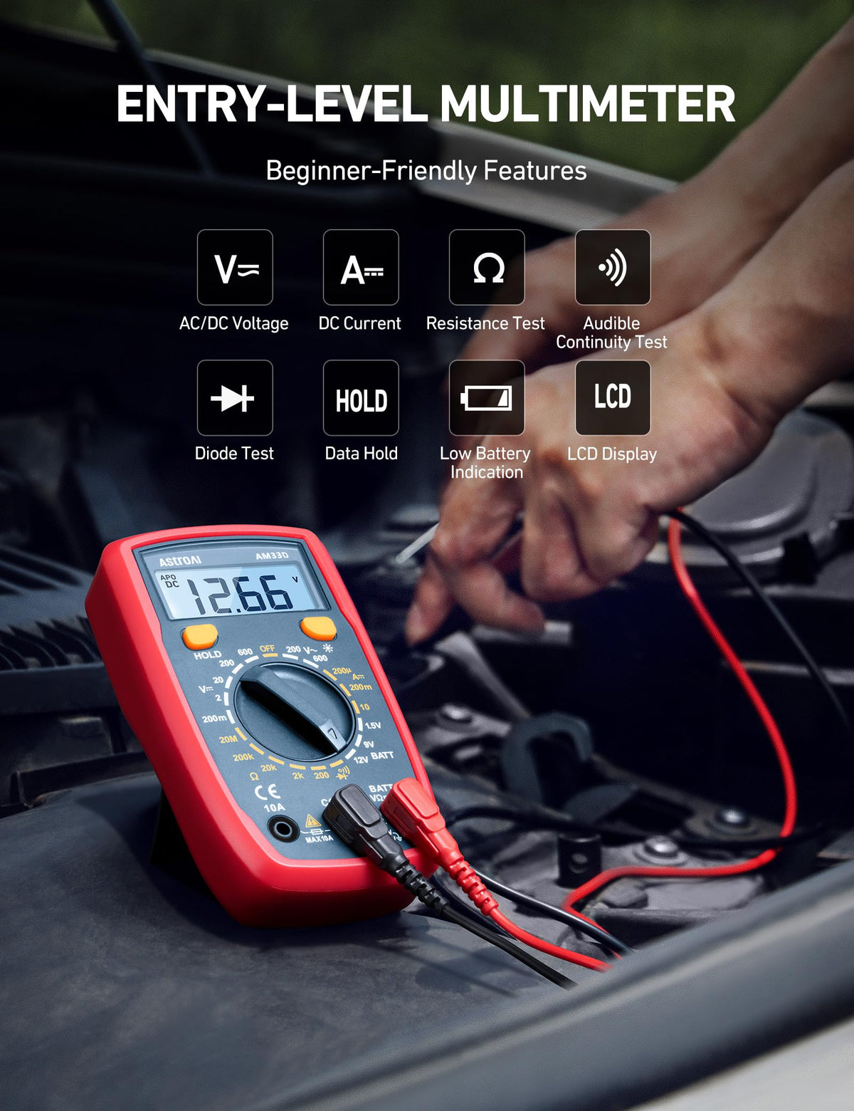 AstroAI digital multimeter rear view showing durable silicone cover for protection