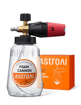 AstroAI foam cannon with clear 1L bottle delivers dense car wash foam.