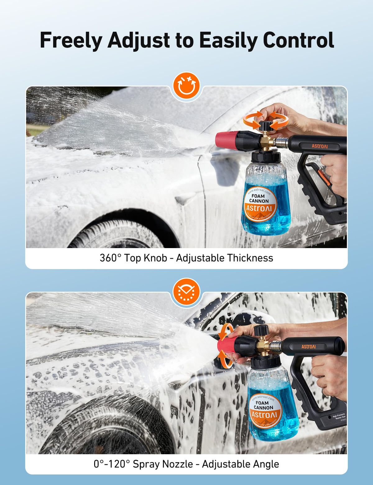 AstroAI foam cannon dense foam output supports thorough vehicle cleaning.