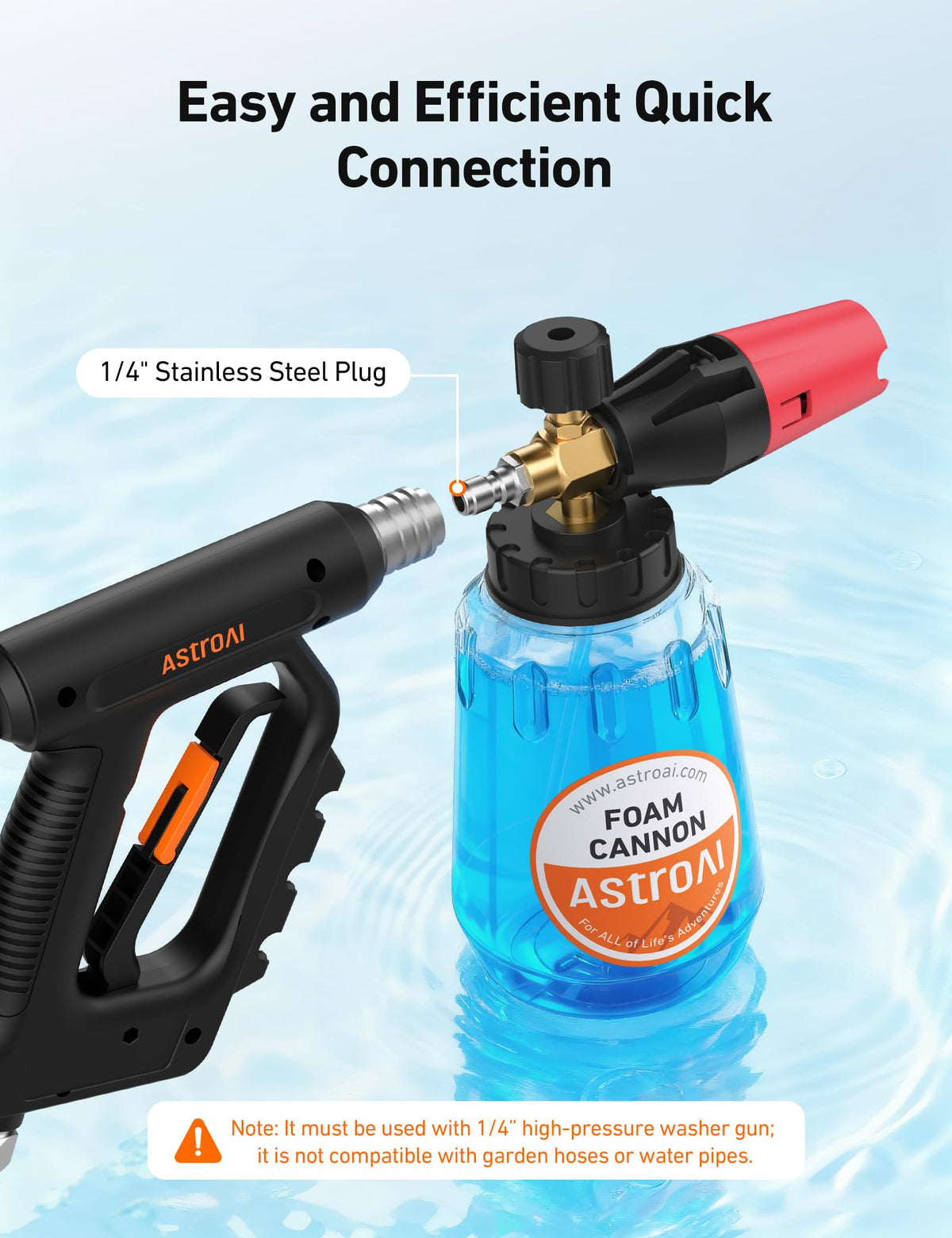 AstroAI foam cannon one-quarter quick-connect enables quick setup.