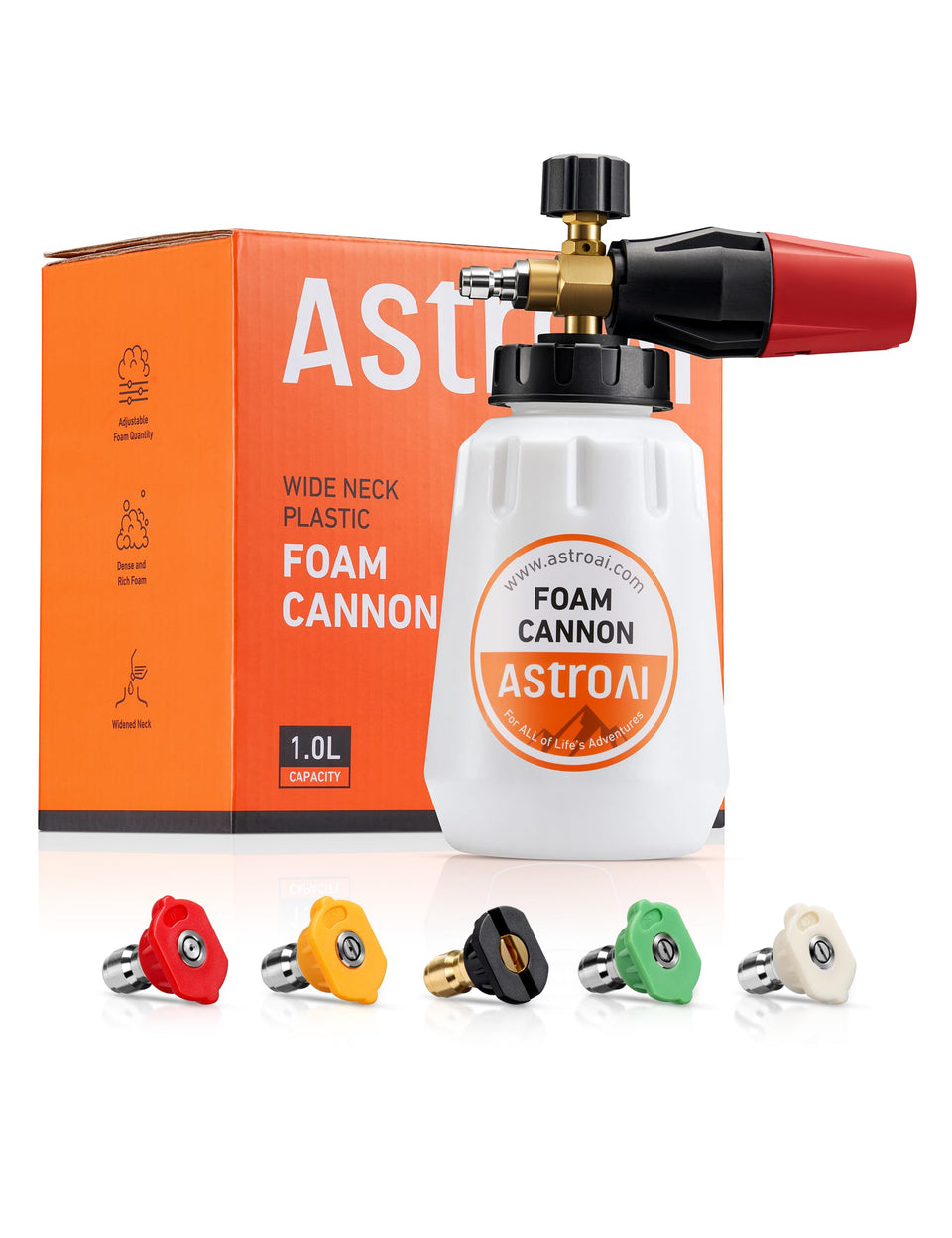 AstroAI foam cannon with wide-mouth bottle for easy soap filling and minimal waste