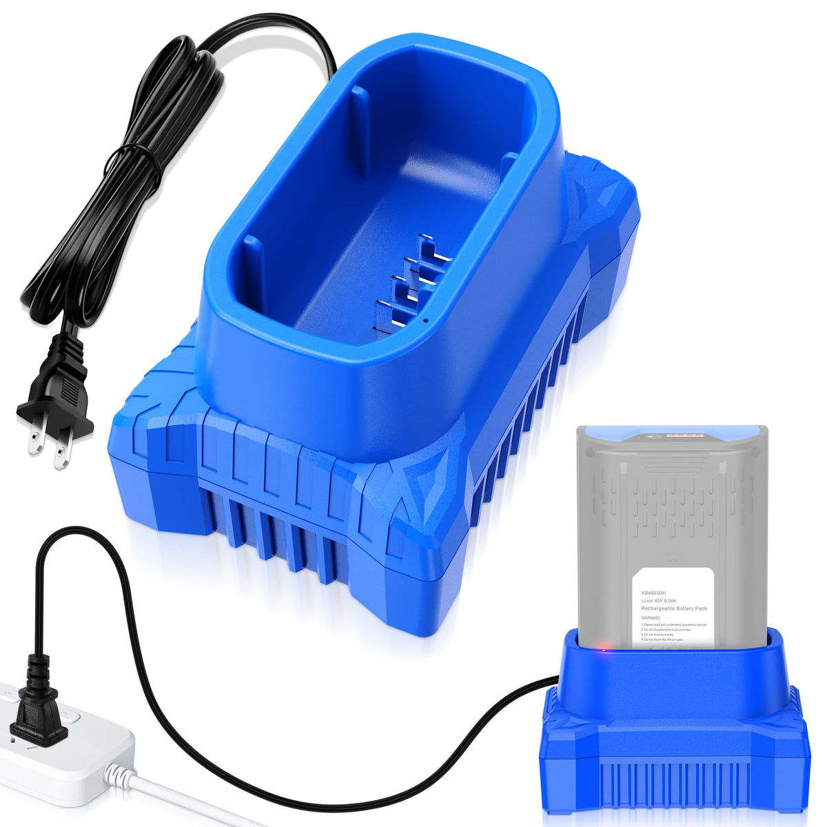 ASUNT Kobalt 40V charger front view showing compact design for easy storage