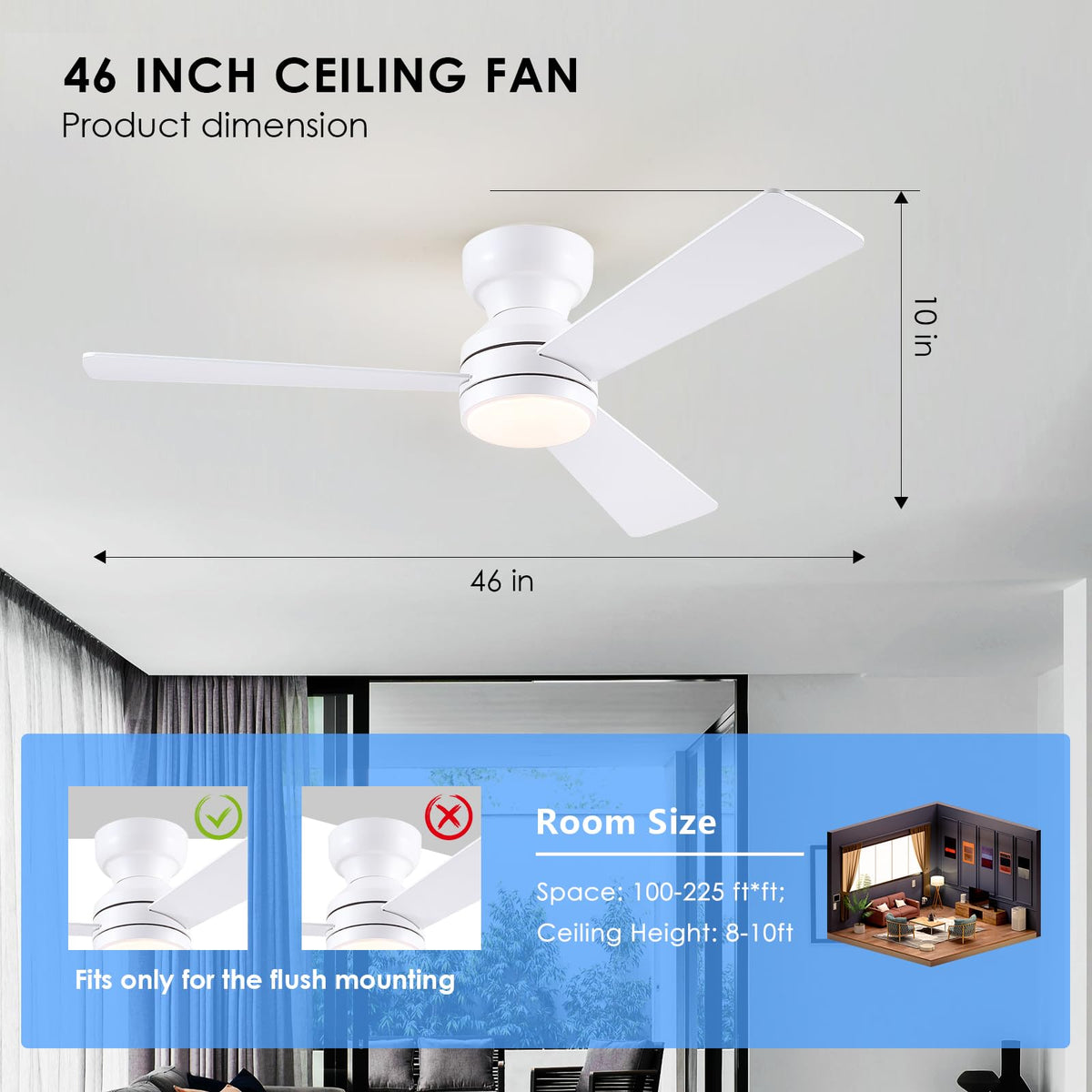 Asyko flush-mount ceiling fan blends with ceilings for a clean look.