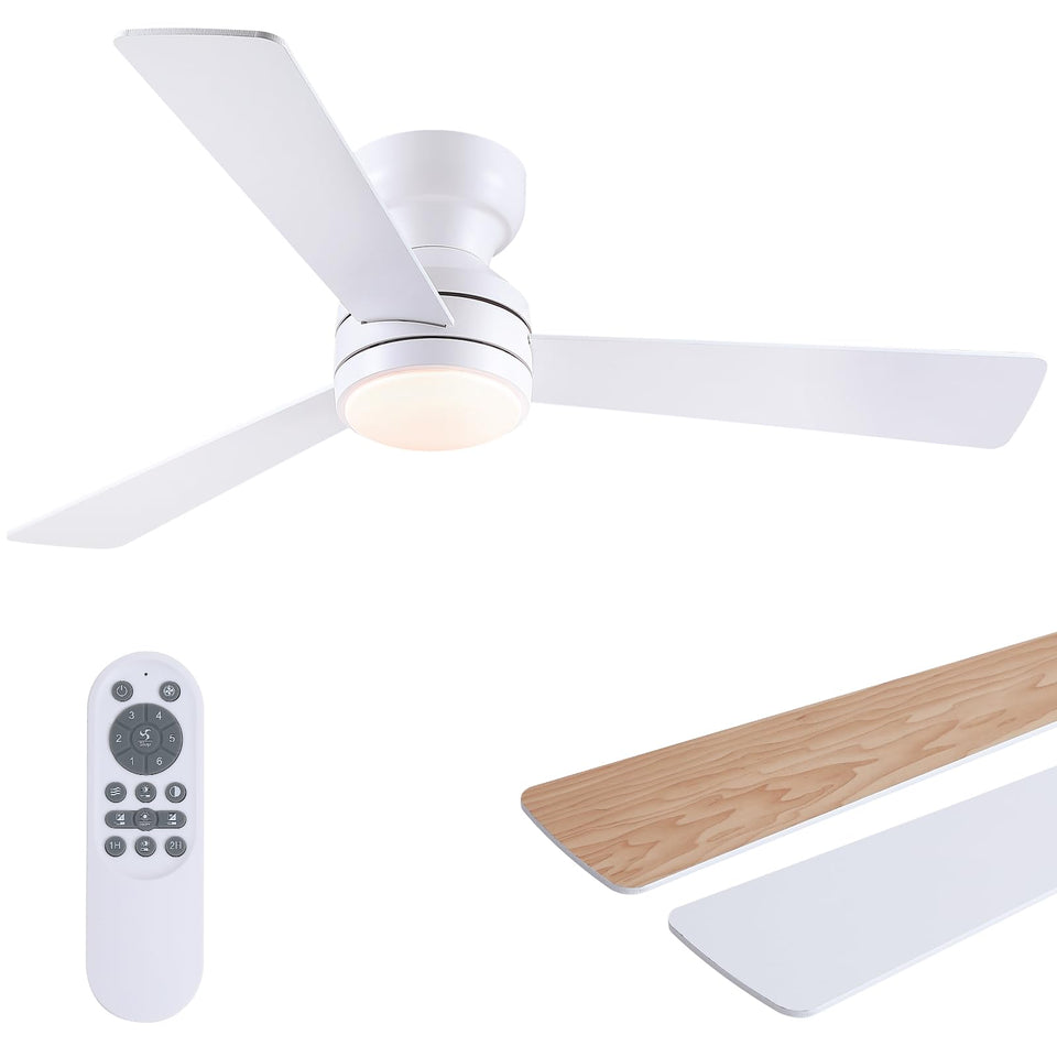 Asyko 46in white low-profile ceiling fan remote enables convenient control from anywhere.