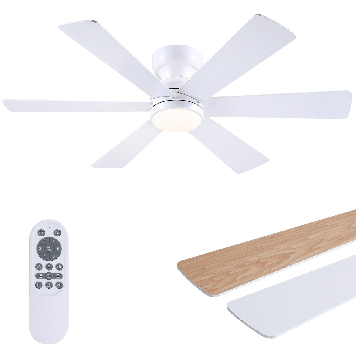 Asyko 46 inch white low profile ceiling fan with light remote in a living room.