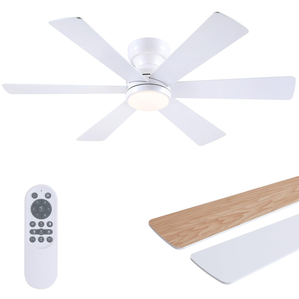Asyko 46 inch white low profile ceiling fan with light remote in a living room.