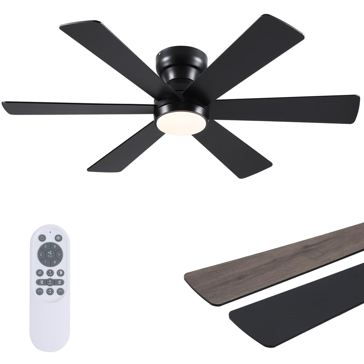 Asyko 46-inch ceiling fan with light in black flush mount, ideal for bedrooms.
