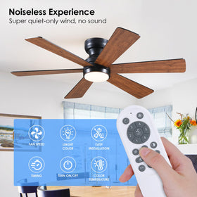Asyko brown flush-mount ceiling fan with dimmable LED panels for adjustable ambiance.