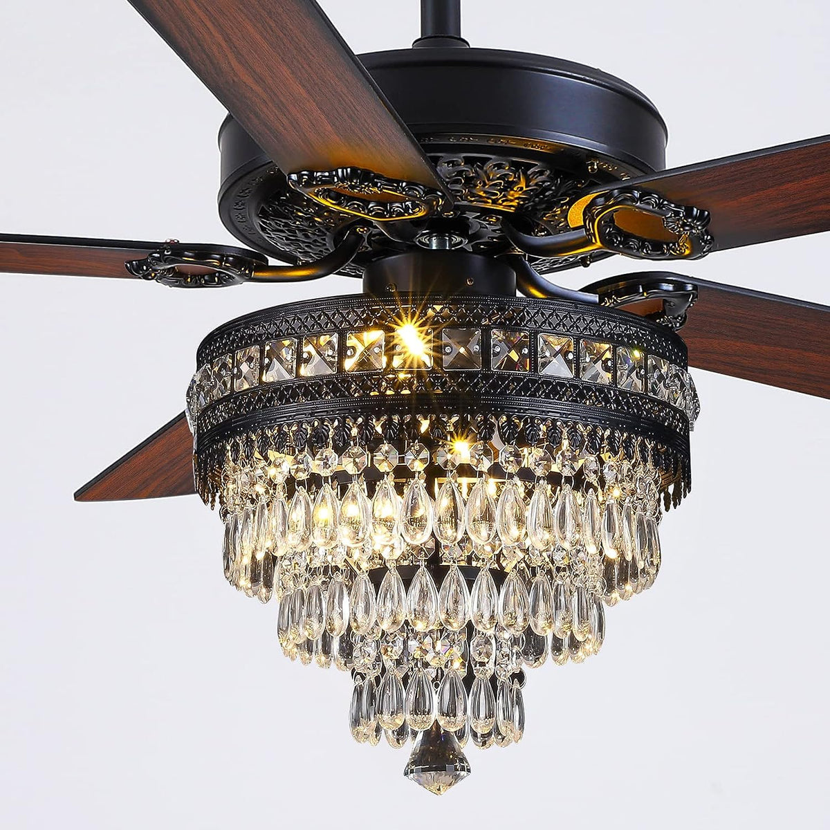 Asyko crystal ceiling fan with crystal lampshade adds elegant illumination to living spaces.