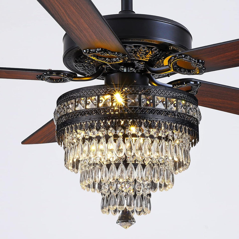 Asyko crystal ceiling fan with crystal lampshade adds elegant illumination to living spaces.