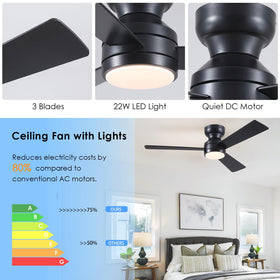 Asyko flush mount ceiling fan in black saving ceiling space with a clean look.