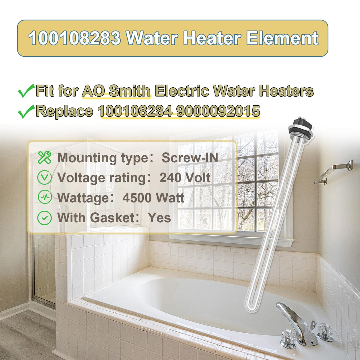 ATEEfaee 4500W 240V compatible heating element for AO Smith heaters.