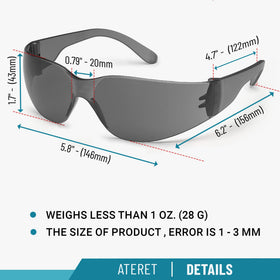 ATERET safety glasses polycarbonate lens close-up showing impact resistance and UV protection.