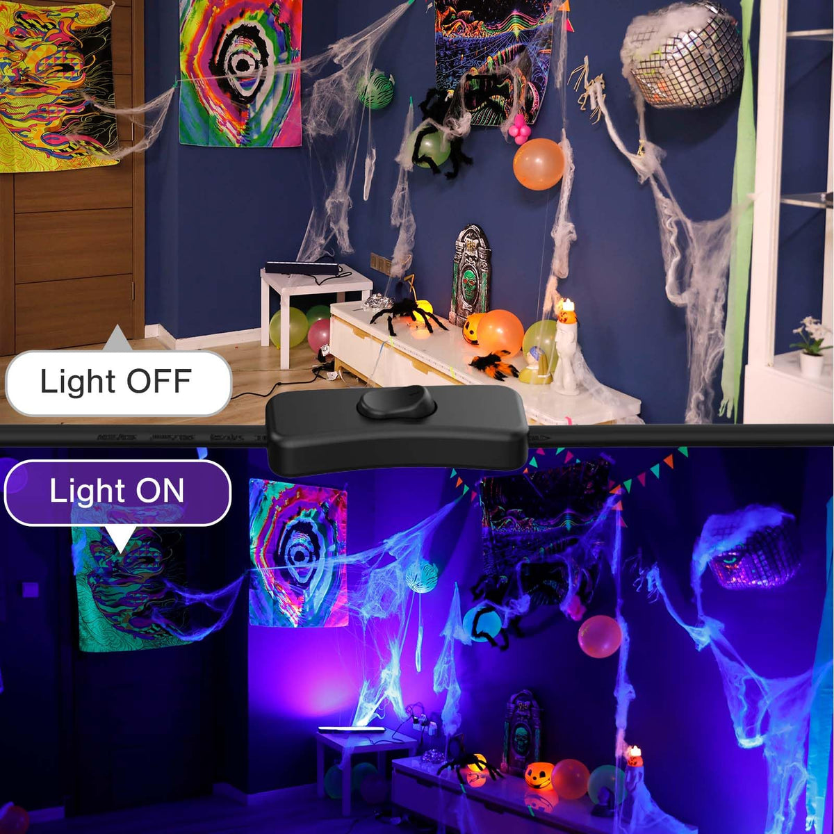 Atfoyer glow party room lit by 40W black light bar for vivid effects.