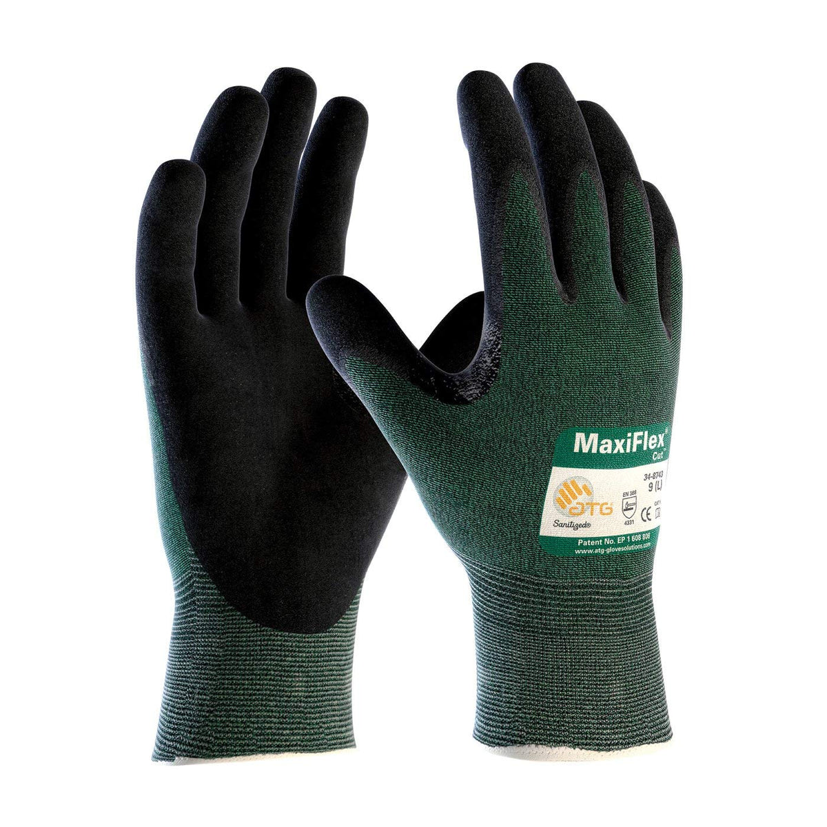 ATG MaxiFlex Cut glove with green shell for precise handling.