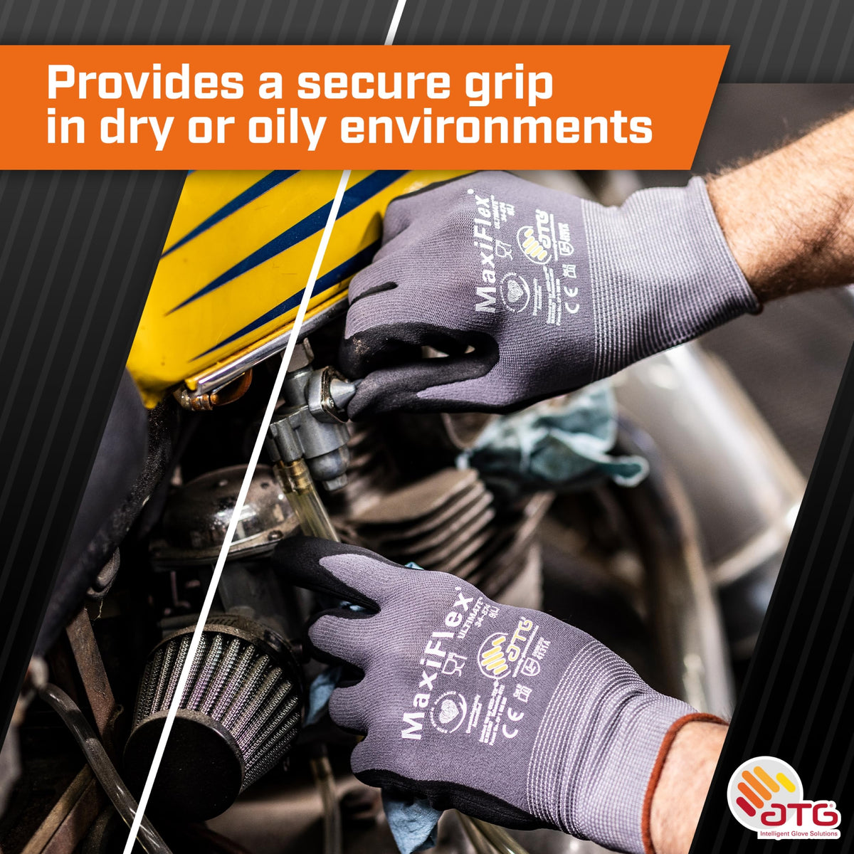 ATG MaxiFlex knit wrist close-up prevents dirt entry during work
