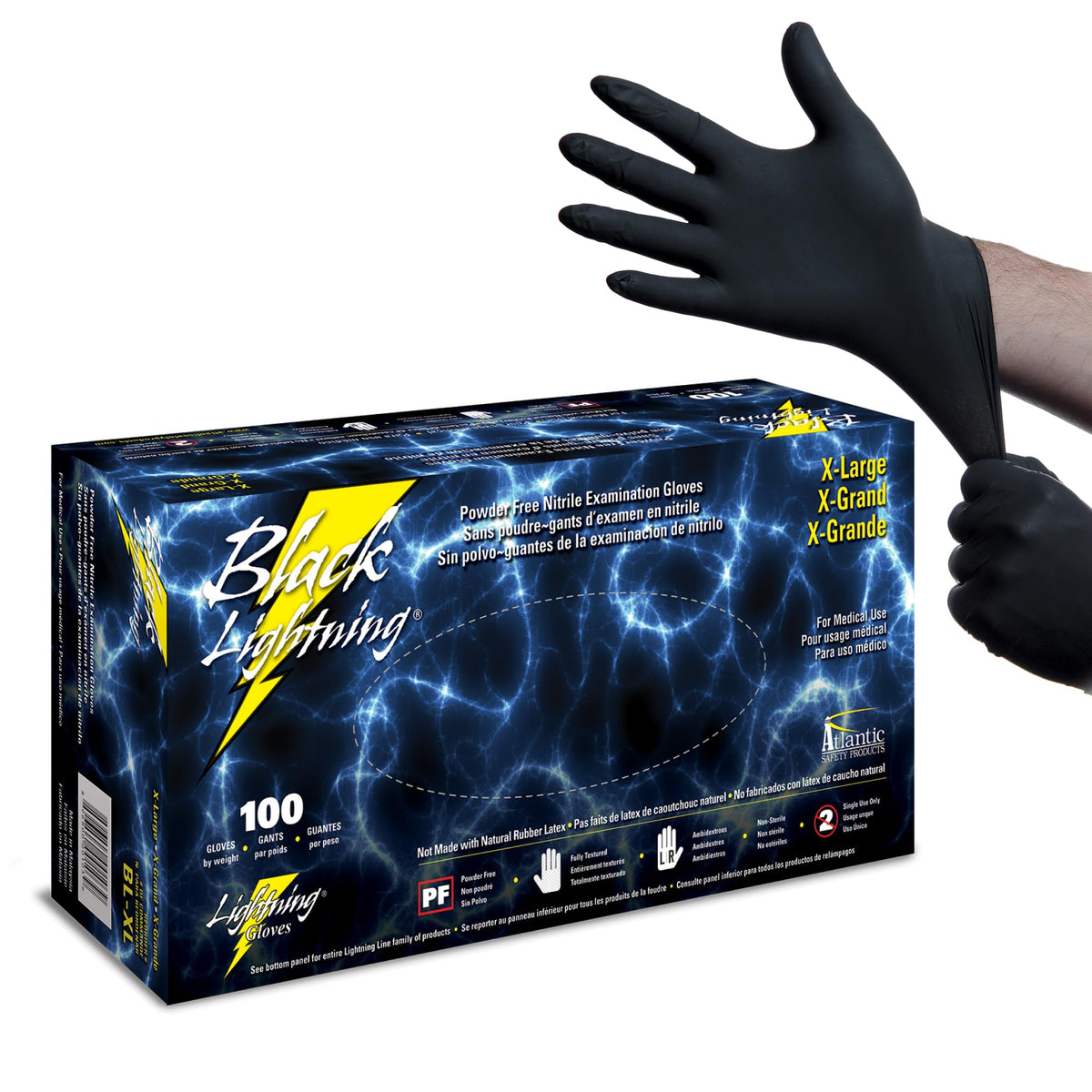 Atlantic Safety Products Black Lightning nitrile gloves pack front for ready-to-use protection during heavy tasks.