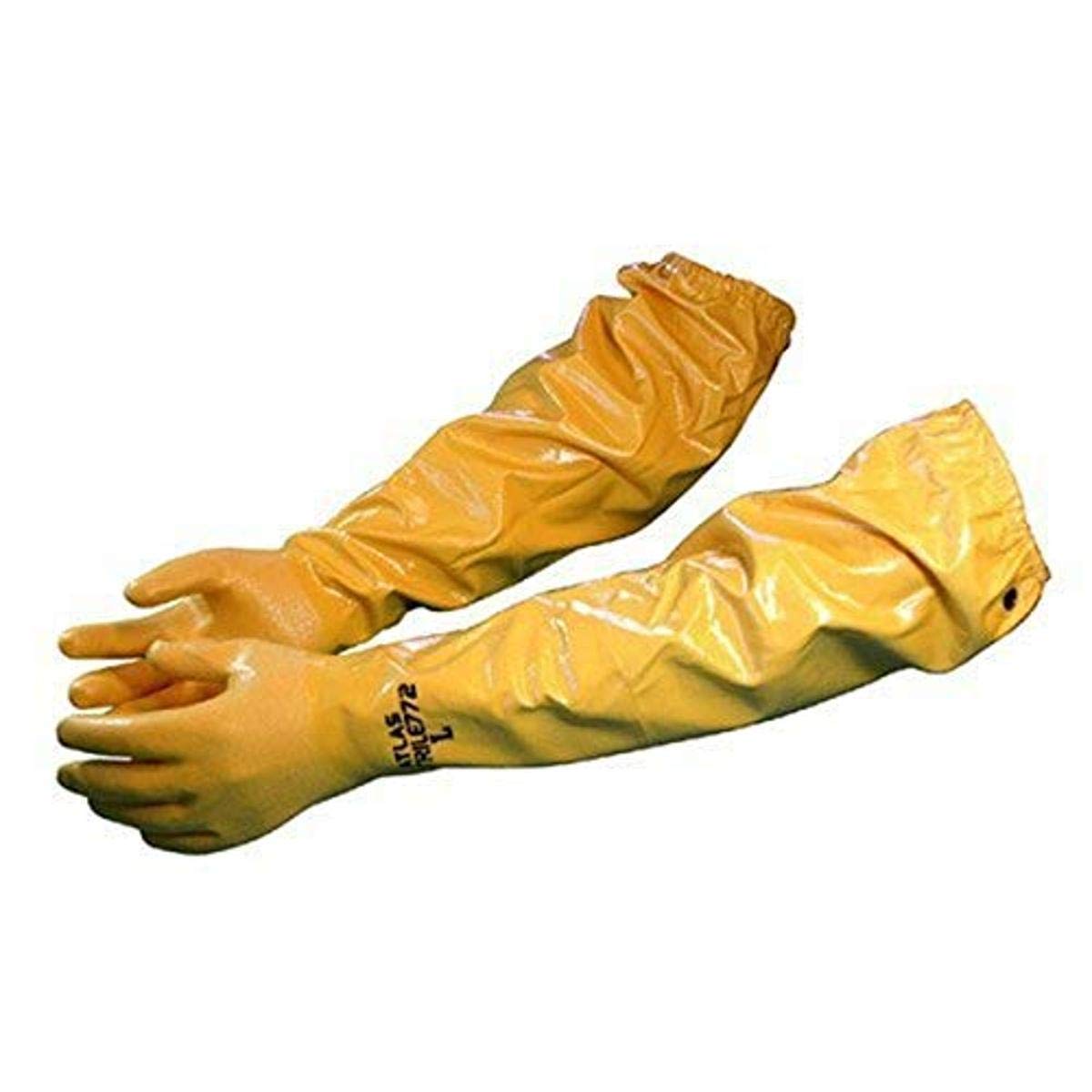 Atlas GLV26 large nitrile gloves, yellow, offering chemical protection and textured grip.