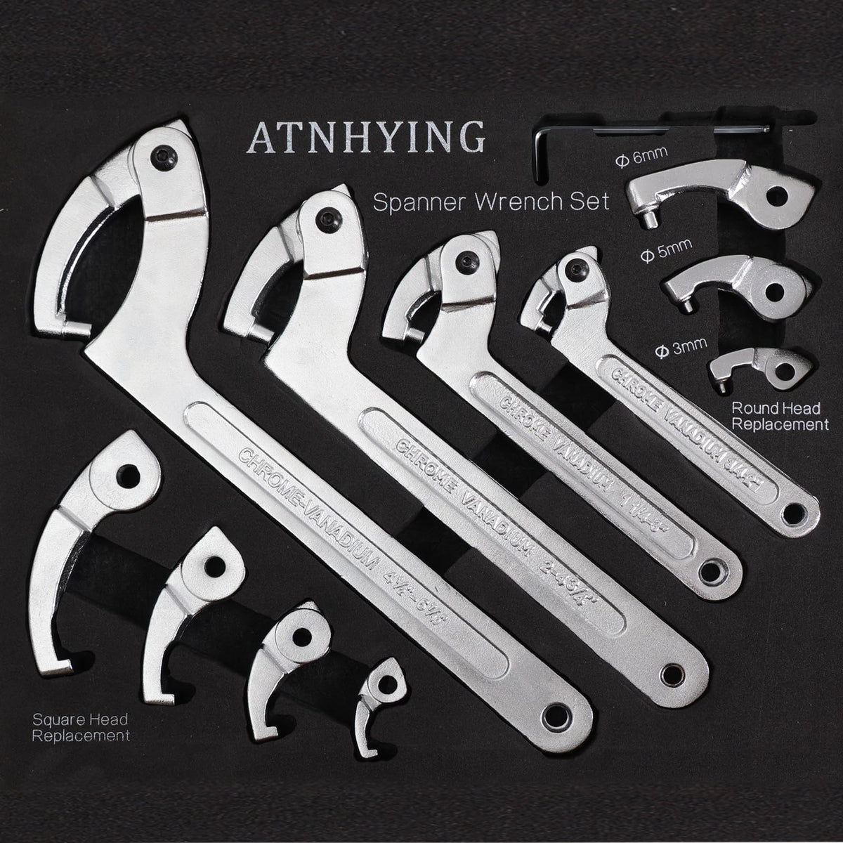ATNHYING adjustable spanner wrench set shows diverse head options for quick nut adjustments.