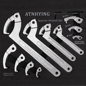 ATNHYING adjustable spanner wrench set shows diverse head options for quick nut adjustments.