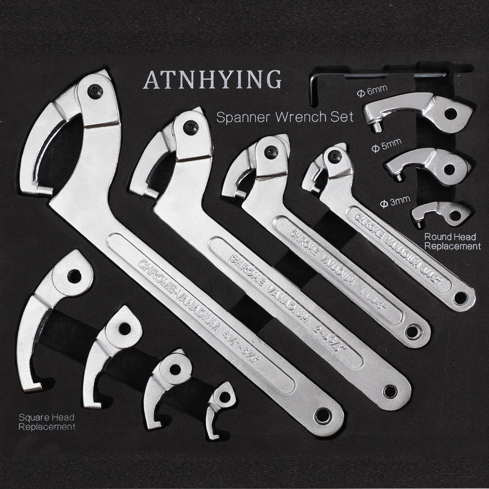 ATNHYING adjustable spanner wrench set shows diverse head options for quick nut adjustments.