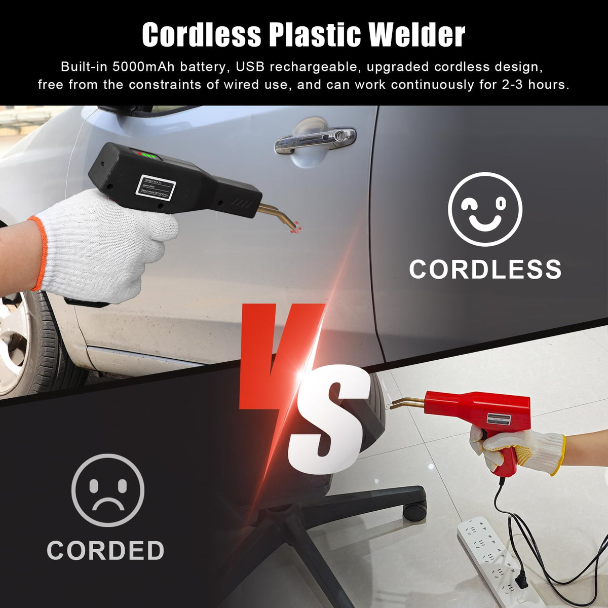 ATOLS cordless welder in case highlights freedom from cords for in-car and outdoor fixes.