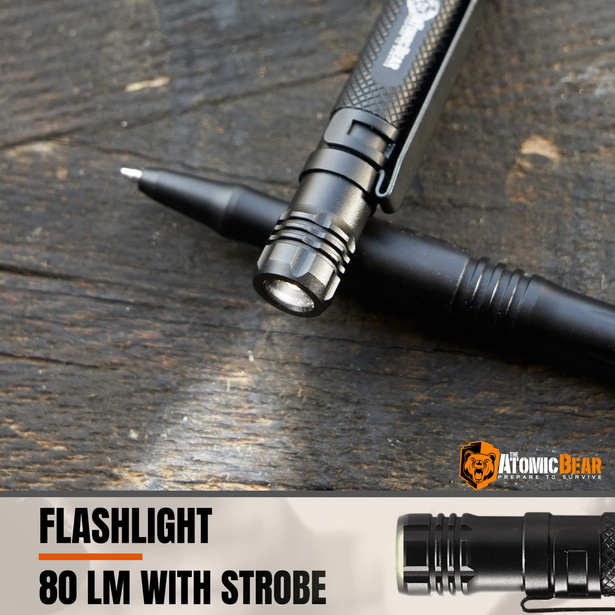 Atomic Bear tactical pen flashlight focus illuminates dark tasks for safer use.