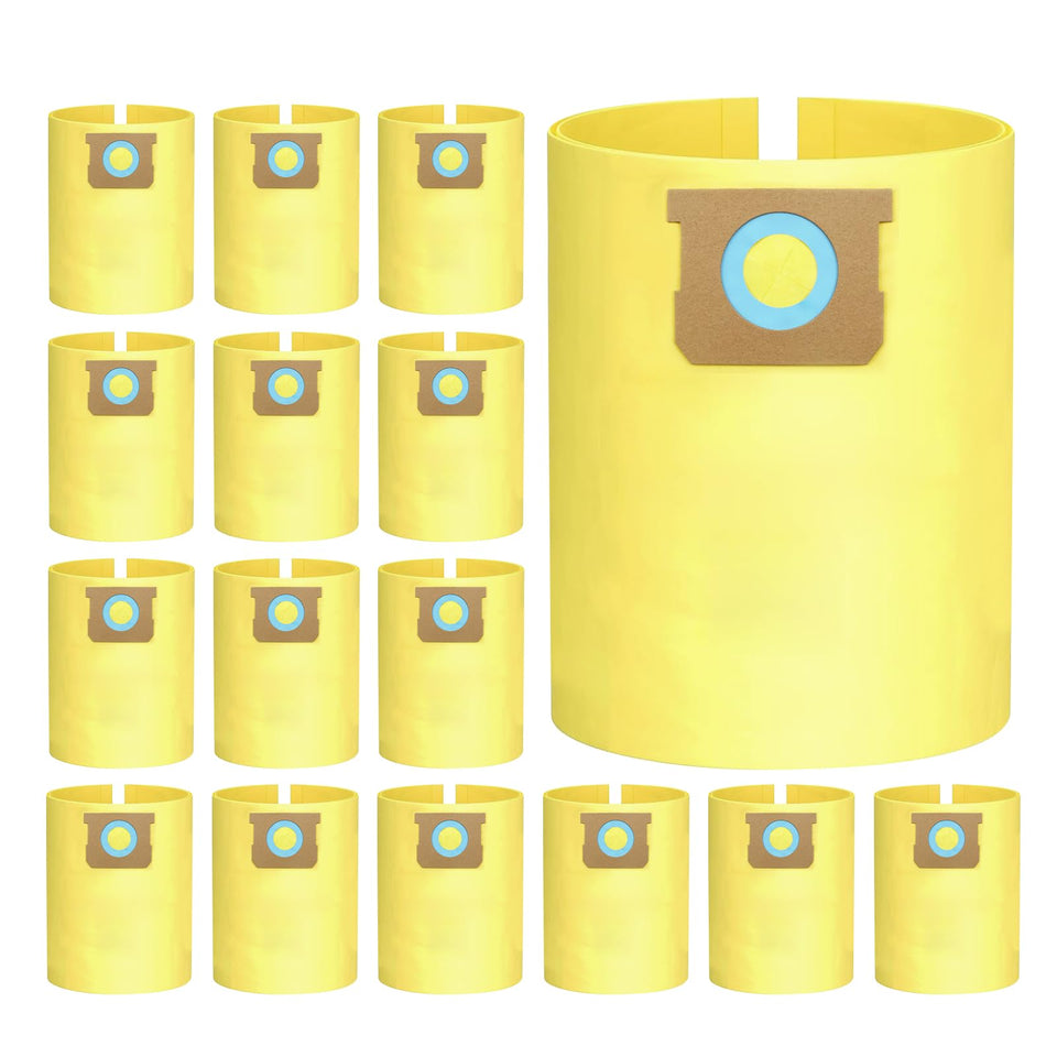 ATXKXE 16-pack shopvac bags in yellow shown for 5-8 gallon vacuums with easy disposal.