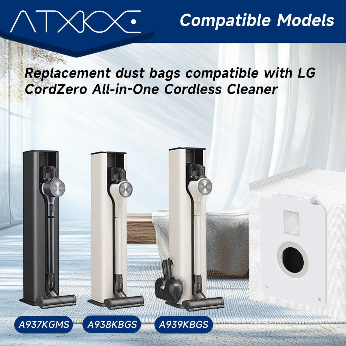 ATXKXE LG CordZero 12-pack dust bags close-up showing filtration material