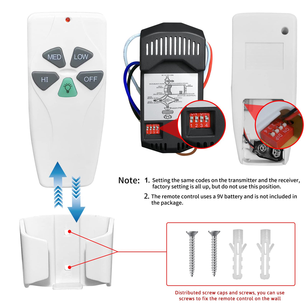 Aubric fan light dimmer controls brightness for compatible lamps and fans.