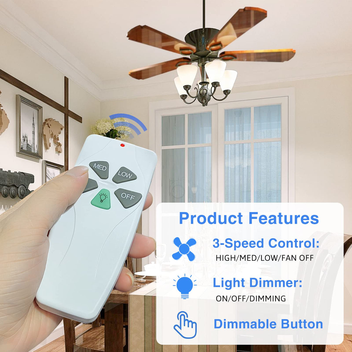Aubric universal ceiling fan remote demonstrates wireless control for compatible fans.