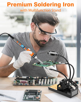 Aucanla stand with magnifying glass helps solder tiny components clearly.