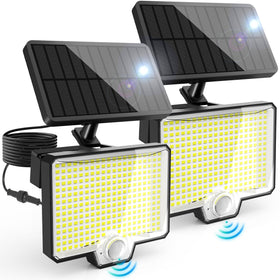 Auderwin 294-LED split solar motion light front view with bright outdoor illumination