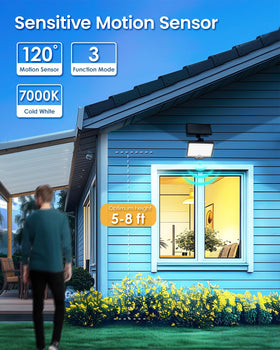 Auderwin 294-LED split solar motion light lighting a garage area clearly