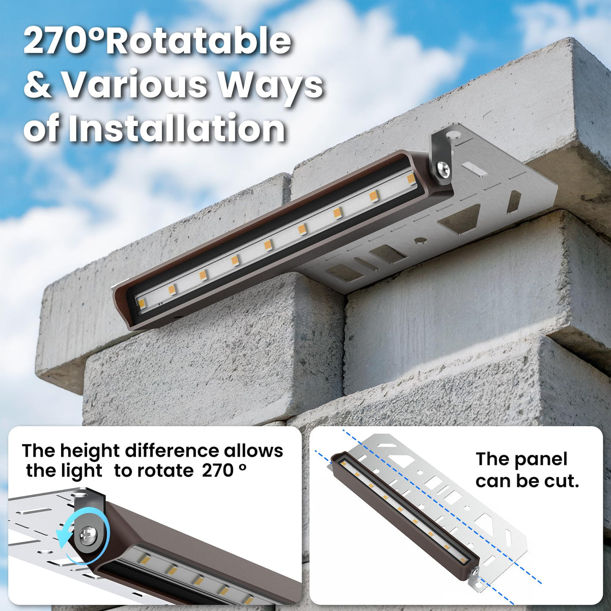 Auderwin deck wall light on masonry wall provides durable exterior illumination.