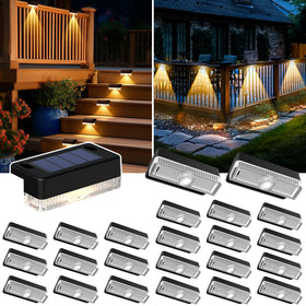 Auderwin solar deck lights installed on a wooden deck for safe, energy-saving illumination.