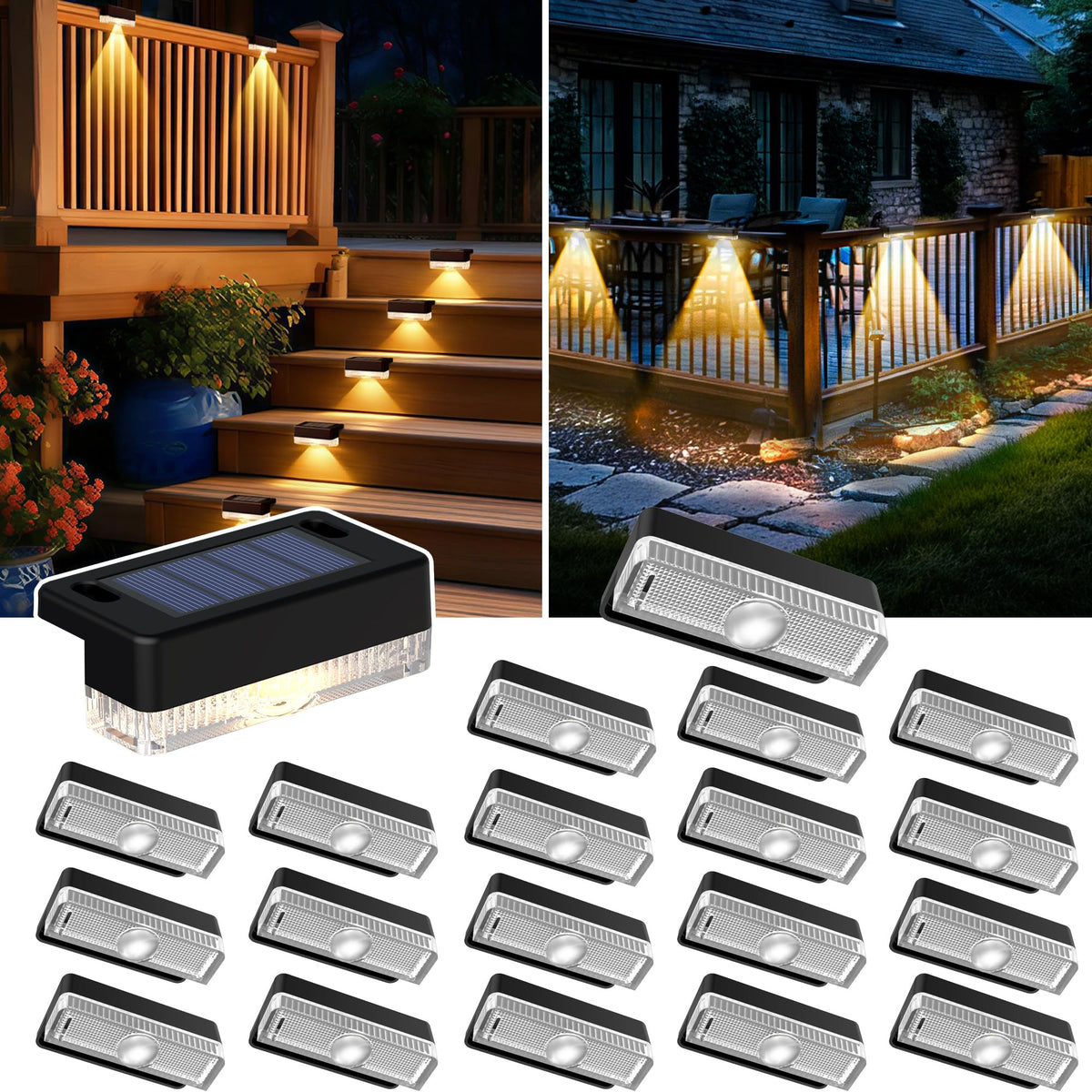 AUDERWIN solar deck lights illuminate wooden decks with a warm glow for safe steps.