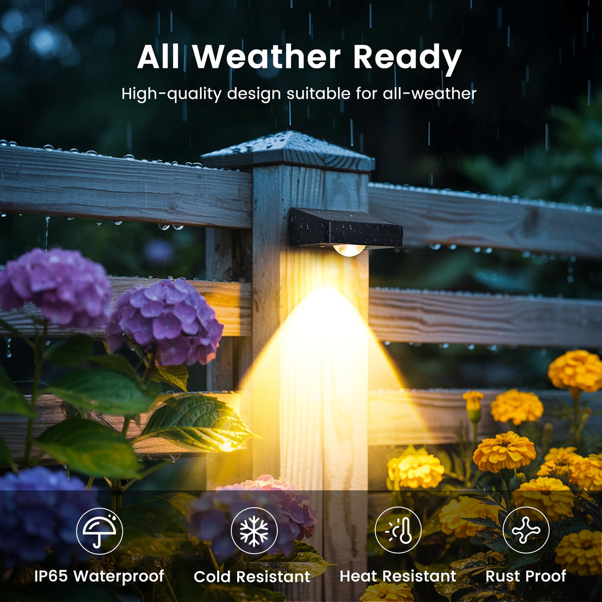 Auderwin solar fence lights garden view demonstrates ambient lighting options.