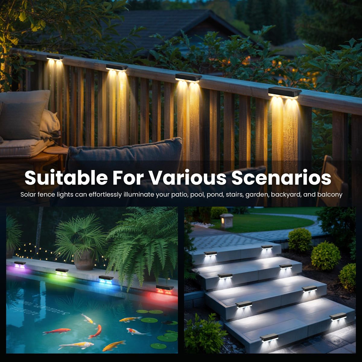 AUDERWIN solar lighting illuminates walls, stairs, paths for safer navigation.