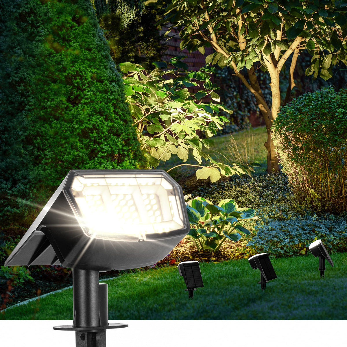 Auderwin solar spot lights illuminate the front door with bright 4000K daylight for welcoming entry.
