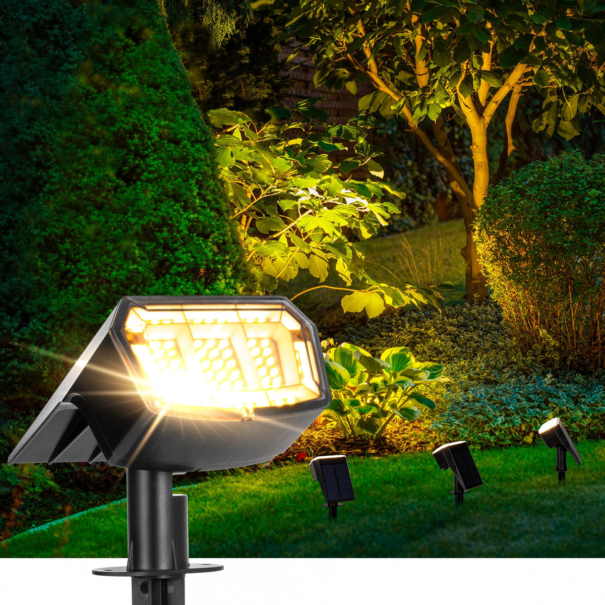 Auderwin 63-LED warm-light solar spotlight brightens entryways