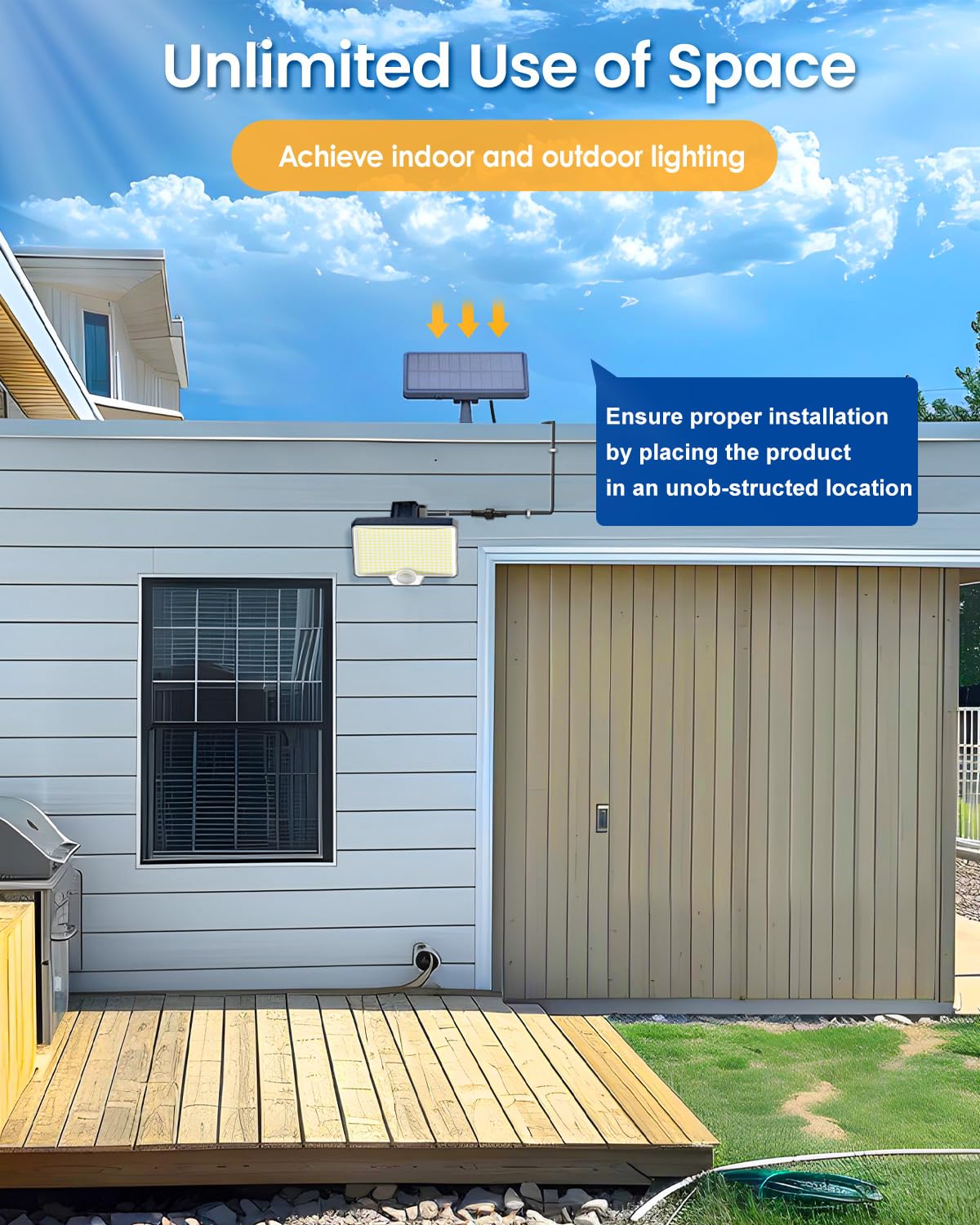 Auderwin two-pack setup mounted on patio and porch for practical lighting
