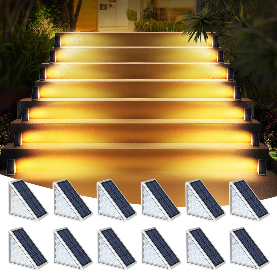 AUDLES LED solar step light top view provides warm glow along a stairway