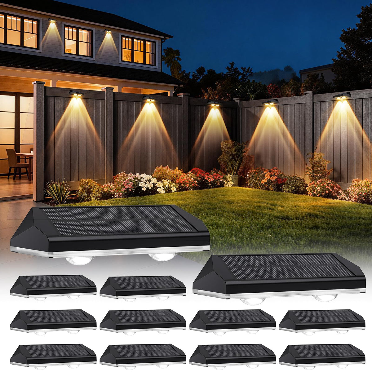 AUDLES solar fence lights close-up shows upgraded lens for broader coverage and steady brightness