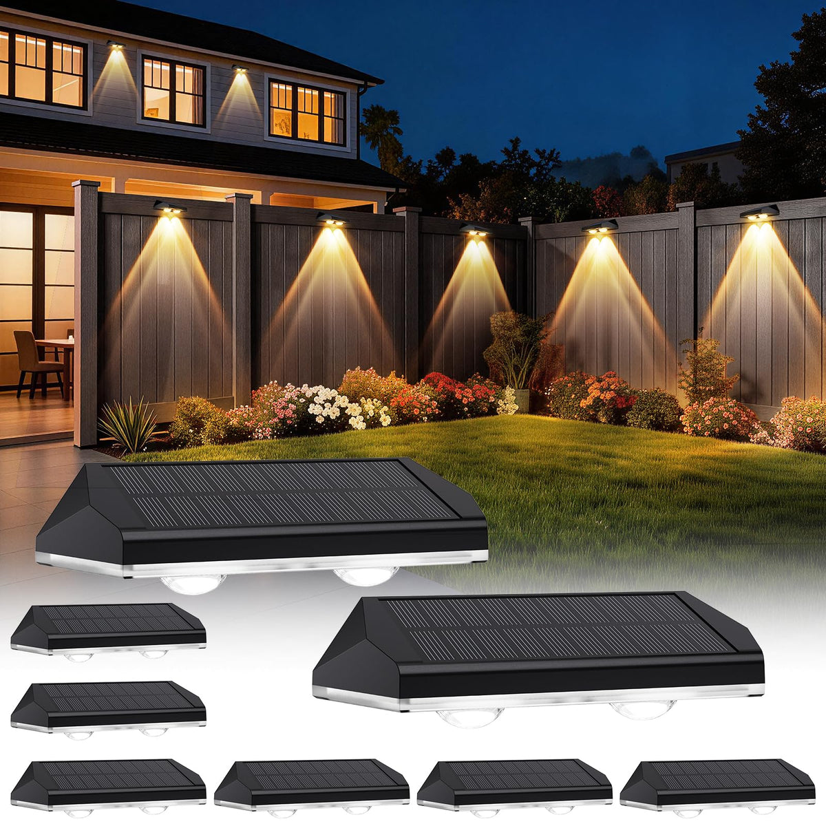 AUDLES solar fence lights in warm mode creating cozy outdoor ambience along the fence.