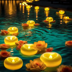 Auemaniliy floating candle centerpiece with warm LED glow for elegant events.
