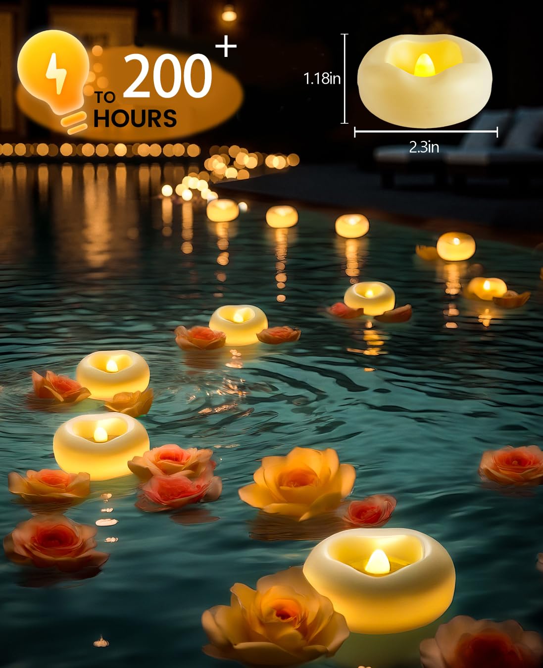 Auemaniliy floating candle over pool or fountain adds subtle outdoor ambiance.
