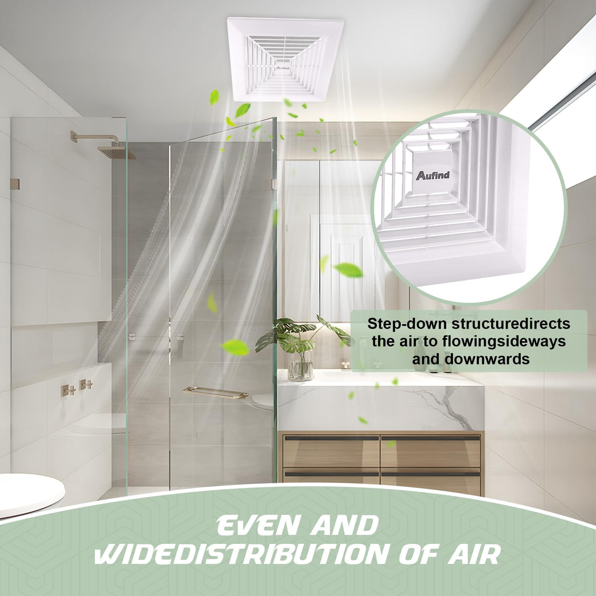 Aufind white universal vent cover blends with bathroom décor.